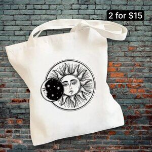 Celestial Sun & Moon Artisan Printed Canvas Casual Everyday Carryall Fabric Tote